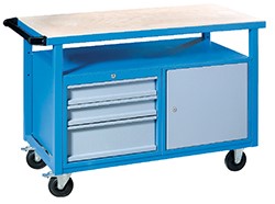 Kovov� pracovn� st�l so z�suvkami a skrinkou na kolieskach 1200, RAL 5015/7001, P1200SLT