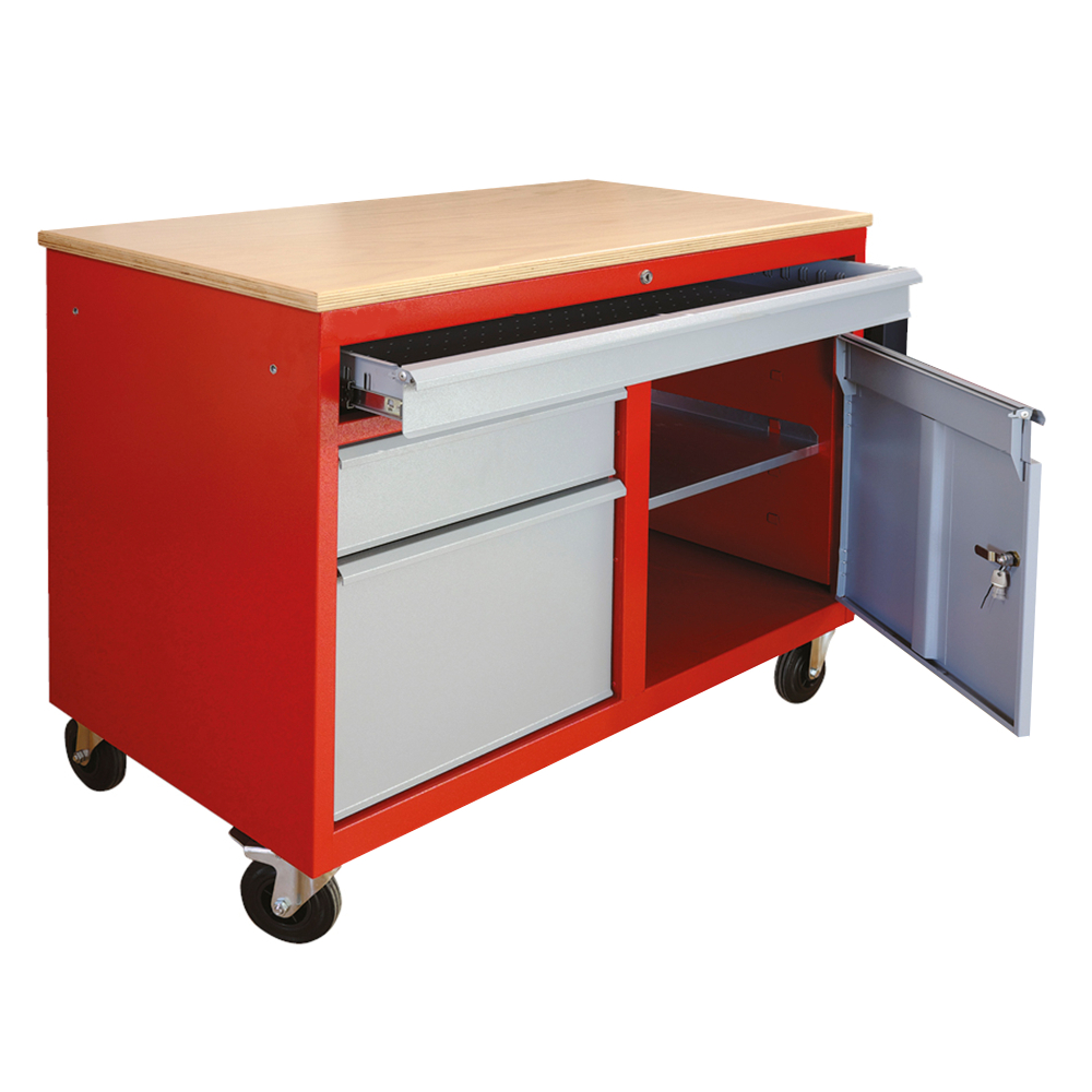 Kovov�  dielensk� pracovn� st�l na NC Fr�zy na kolieskach DENNER, RAL 3000/7001