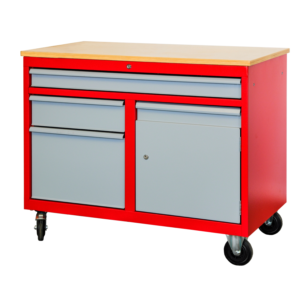 Kovov�  dielensk� pracovn� st�l na NC Fr�zy na kolieskach DENNER, RAL 3000/7001 003