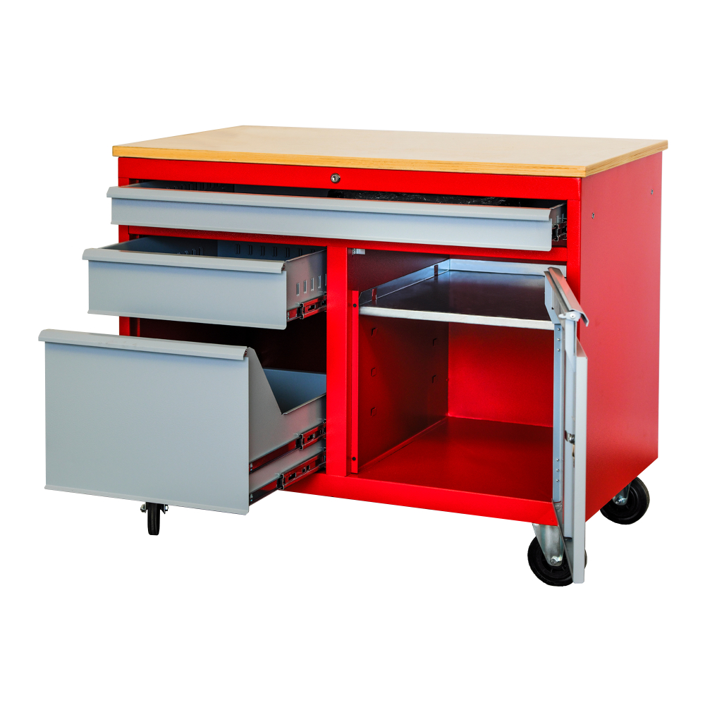 Kovov�  dielensk� pracovn� st�l na NC Fr�zy na kolieskach DENNER, RAL 3000/7001 006