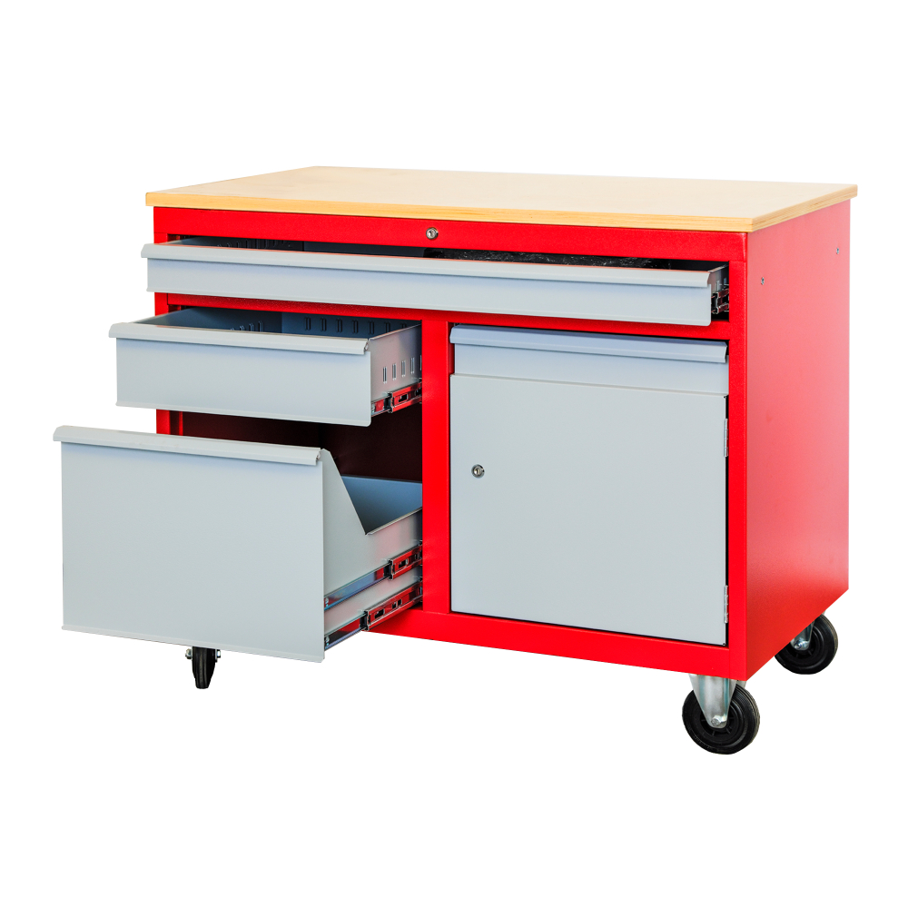 Kovov�  dielensk� pracovn� st�l na NC Fr�zy na kolieskach DENNER, RAL 3000/7001 004