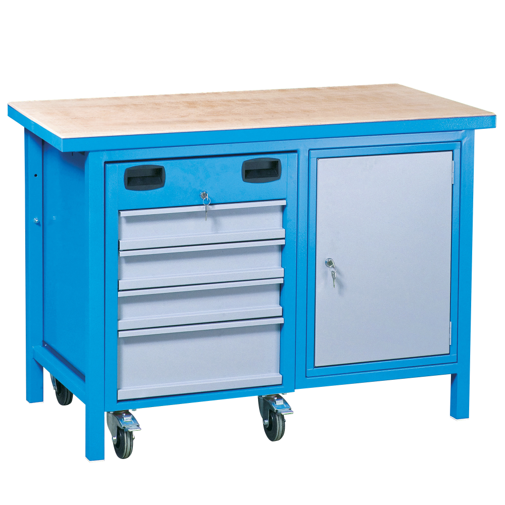 Kovov� dielensk� pracovn� st�l s kontajnerom na kolieskach a skrinkou, RAL 5015/7001, MULT