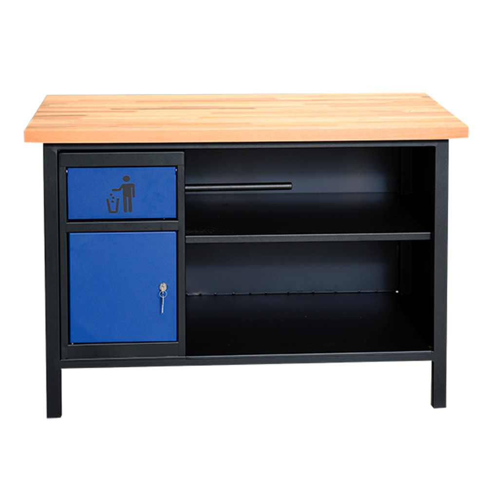 Kovov� dielensk� pracovn� st�l s ko�om na odpadky, PREMIUM LINE, 1200 mm, RAL 9005/5003