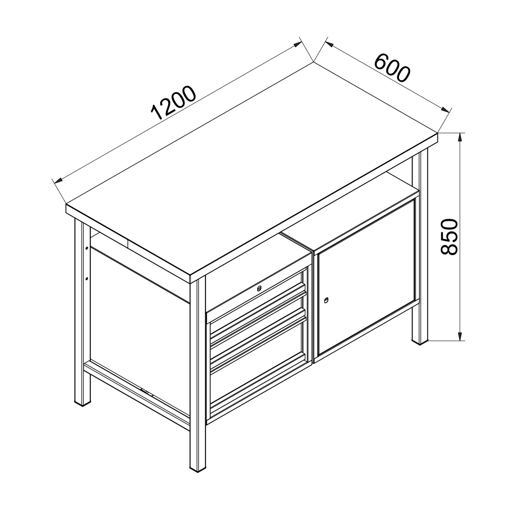 Kovov� dielensk� pracovn� st�l so z�suvkami a skrinkou, 1200 mm, P1200SLT