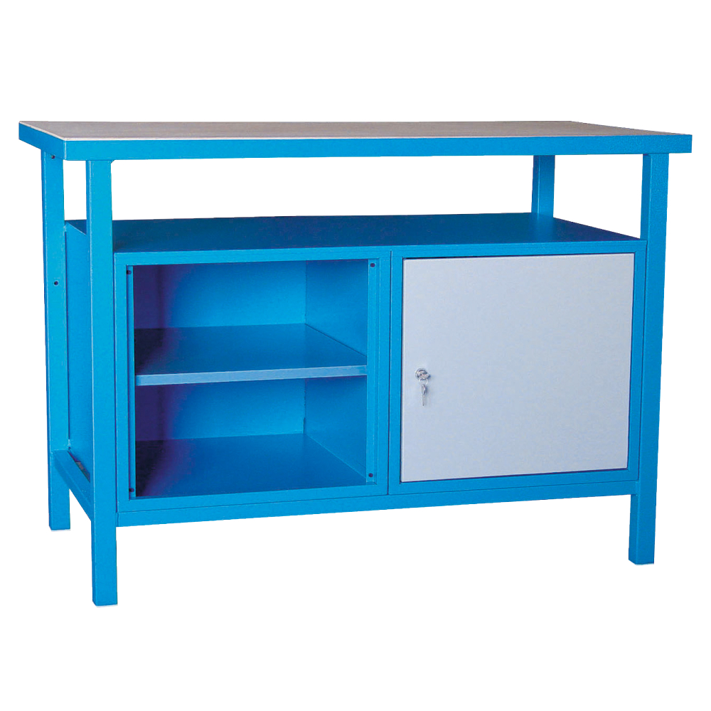 Kovov� dielensk� pracovn� st�l so skrinkou a policou, 1200 mm, RAL 5015/7001, P1200T