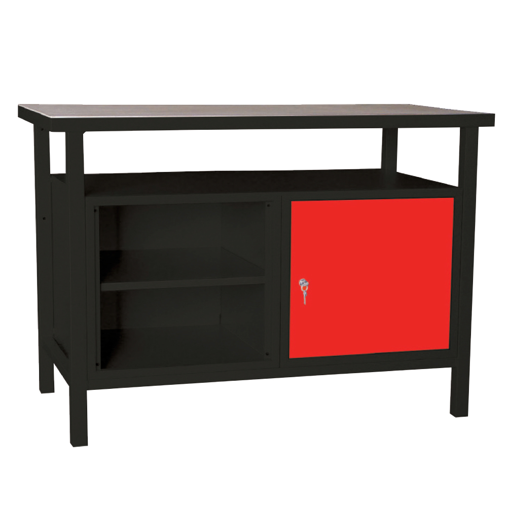 Kovov� dielensk� pracovn� st�l so skrinkou a policou, 1200 mm, RAL 7016/3000, P1200T