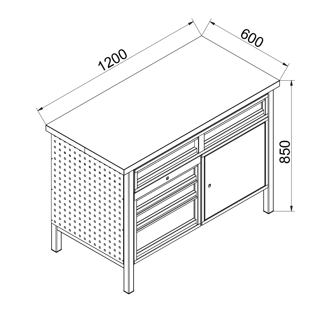 Kovov� dielensk� pracovn� st�l so z�suvkami a skrinkou, 1200 mm, P1200RSS