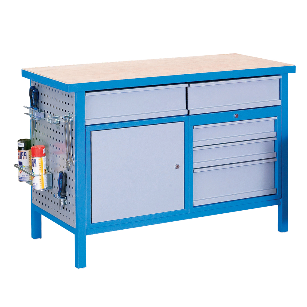 Kovov� dielensk� pracovn� st�l so z�suvkami a skrinkou, 1200 mm, RAL 5015/7001, P1200RSS