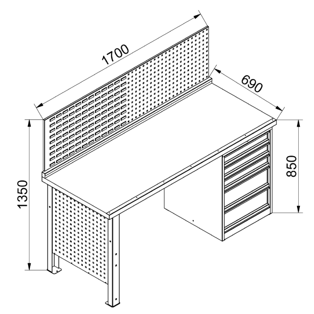Kovov� dielensk� pracovn� st�l so skrinkou a perforovan�m panelom, 1700 mm-01