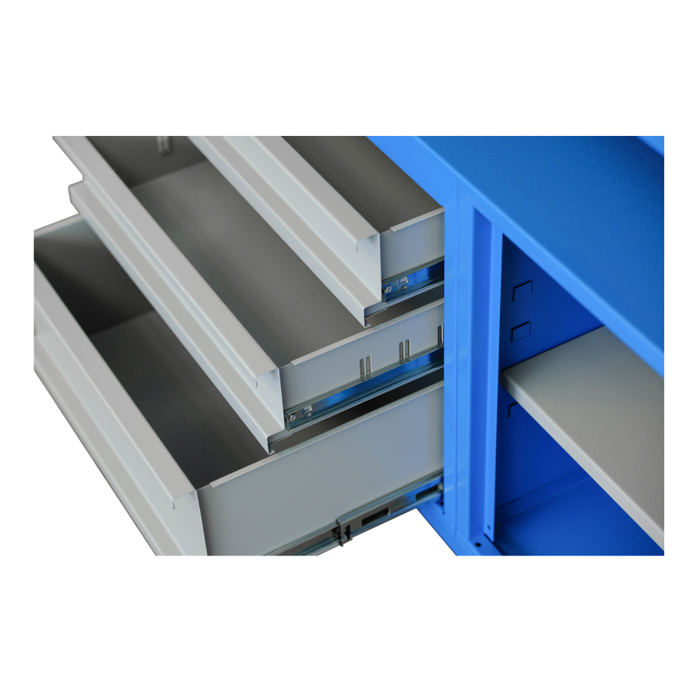 Kovov� dielensk� pracovn� st�l so z�suvkami a policou, 1200 mm, RAL 5015/7001, P1200SL 006