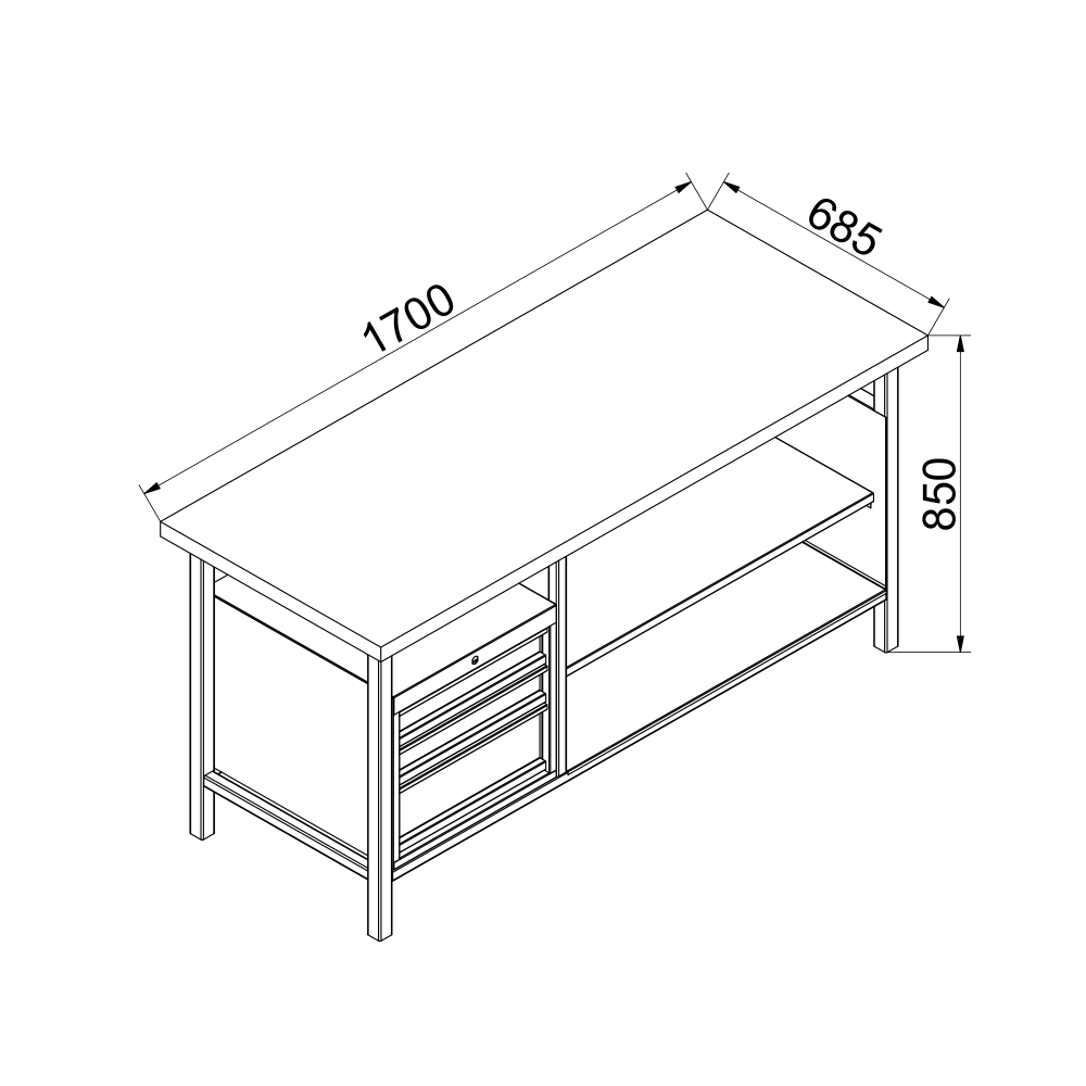 Kovov� dielensk� pracovn� st�l so z�suvkami a policou, 1700 mm-01