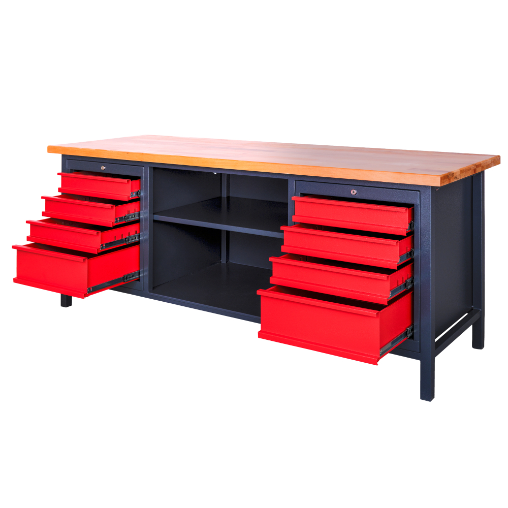 Kovov� dielensk� pracovn� st�l so z�suvkami a policou, 2000 mm 03