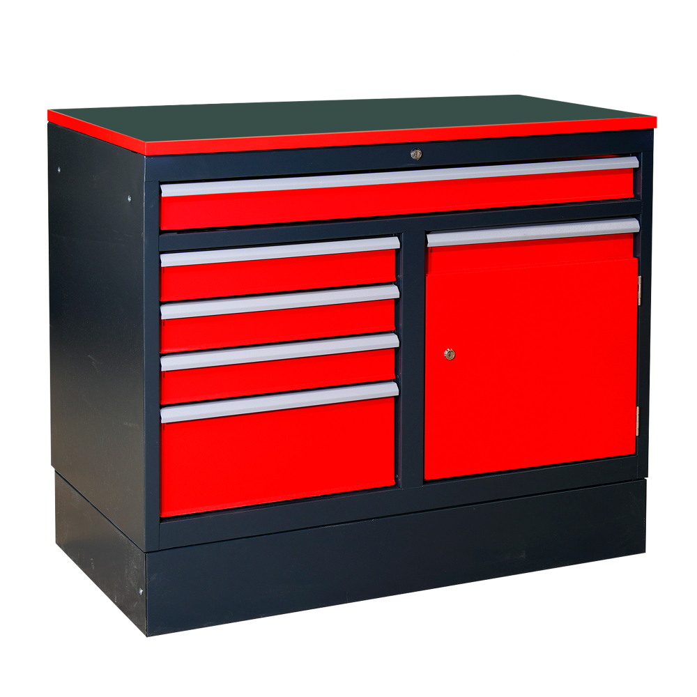 Kovov�  dielensk� pracovn� st�l so z�suvkami a skrinkou DENNER, RAL 7016/3000/7001