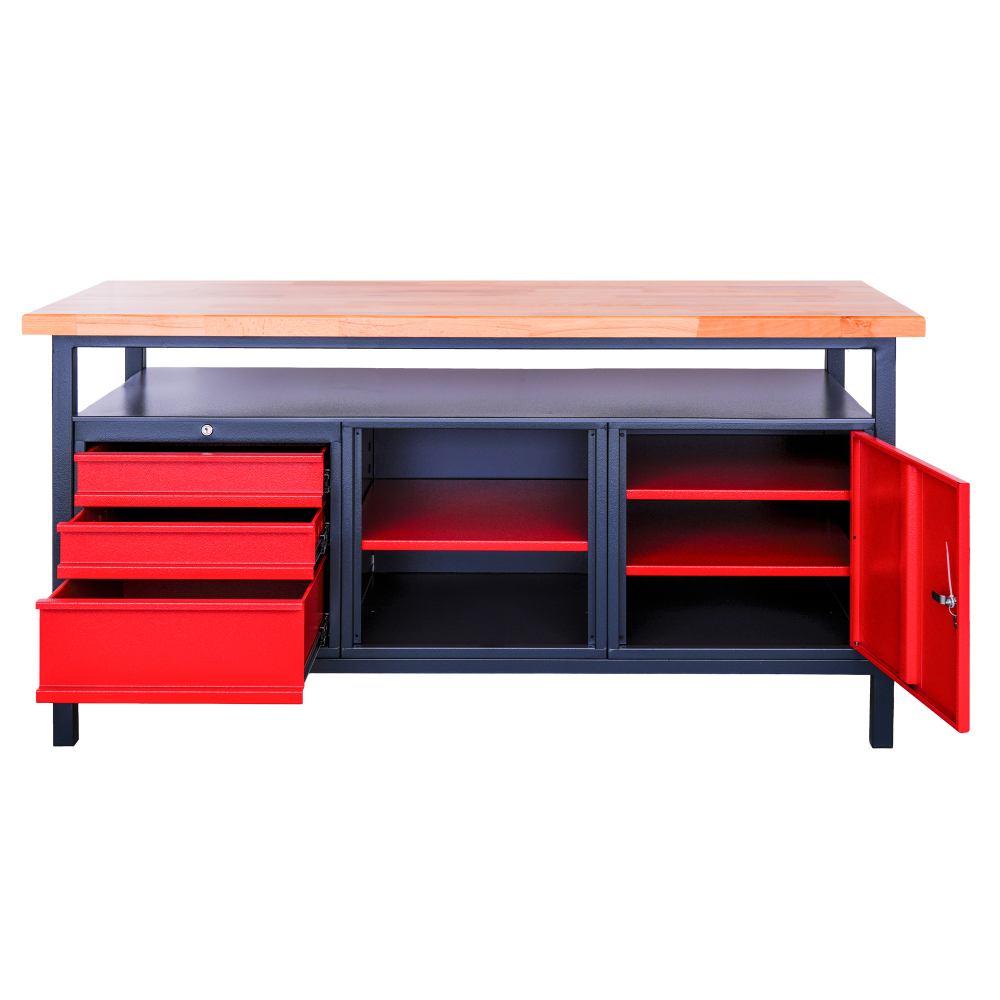 Kovov� dielensk� pracovn� st�l so z�suvkami, policou a skrinkou, 1700 mm-002