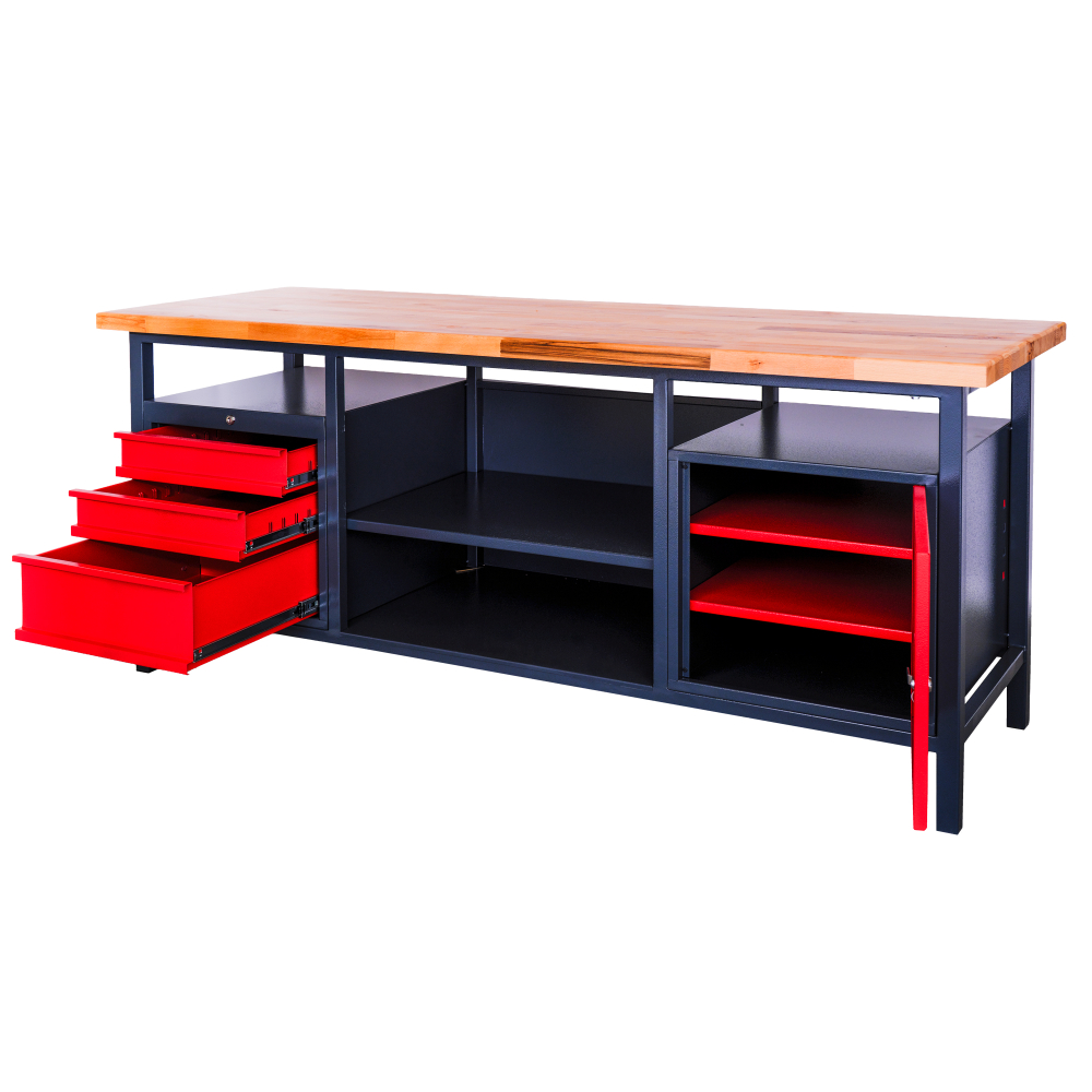 Kovov� dielensk� pracovn� st�l so z�suvkami, policou a skrinkou, 2000 mm 003