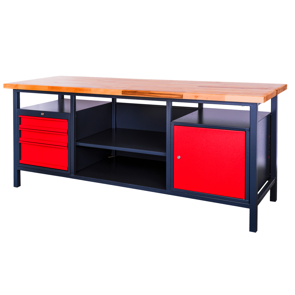 Kovov� dielensk� pracovn� st�l so z�suvkami, policou a skrinkou, 2000 mm 001