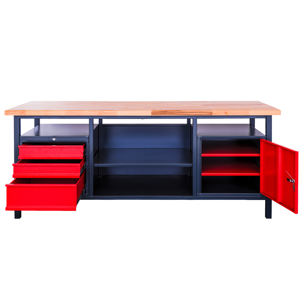 Kovov� dielensk� pracovn� st�l so z�suvkami, policou a skrinkou, 2000 mm 005